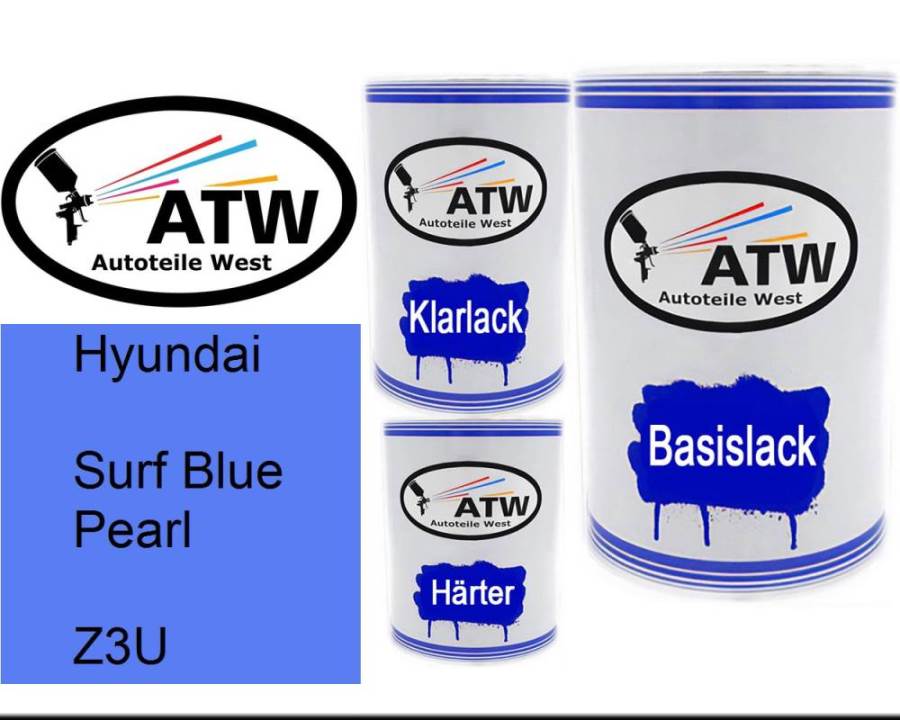Hyundai, Surf Blue Pearl, Z3U: 500ml Lackdose + 500ml Klarlack + 250ml Härter - Set, von ATW Autoteile West.